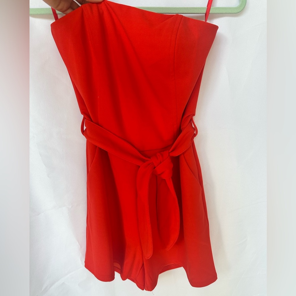She + Sky Red Strapless Romper with Waist Tie